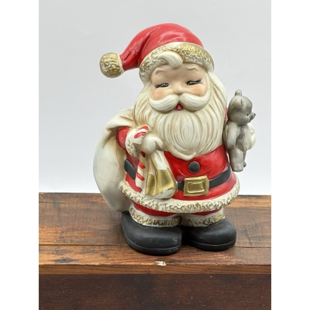 Vintage Santa Claus 6.5" Ceramic Bank Teddy Bear Christmas Homco 1970's